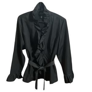 Donna Moore Blouse SZ M Black Light Weight Classy Dressy Ruffle Trim Waist Tie